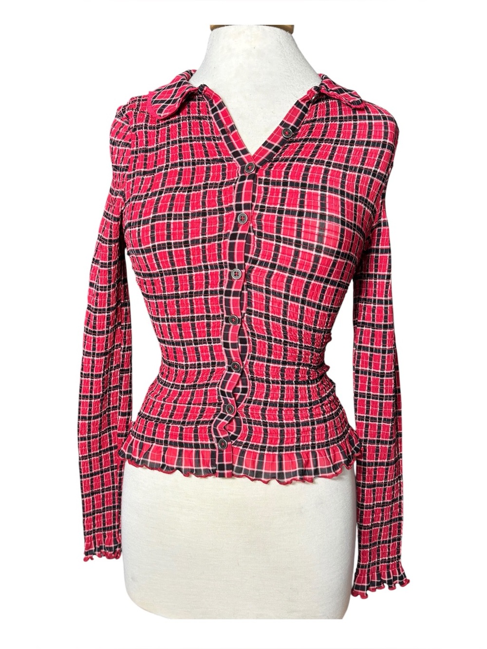 NWT Free People Red Plaid Smocked Button-Front Long Sleeve Top (Size XS) - Picture 2 of 5